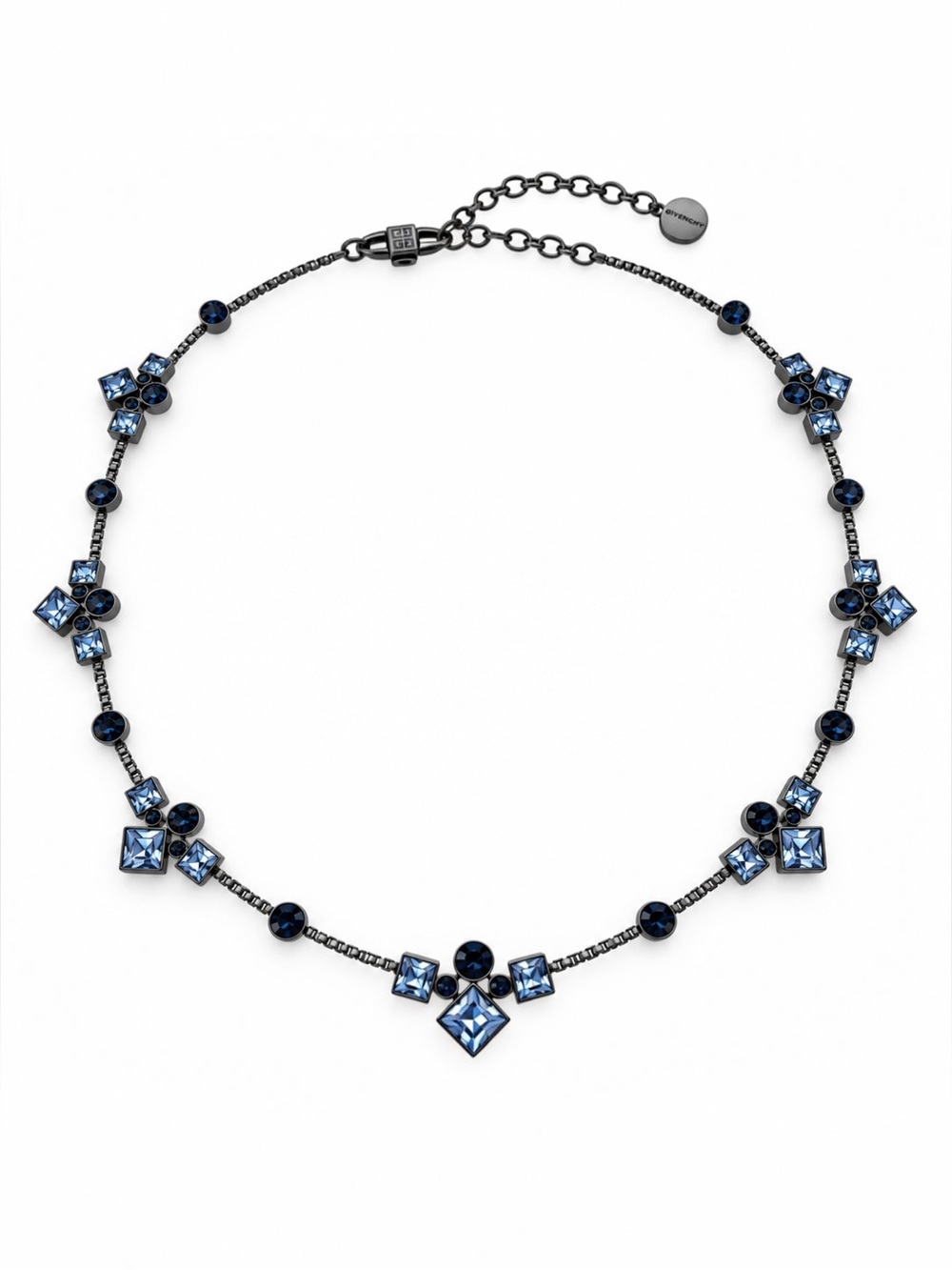Givenchy Blue Crystal Station Necklace Gunmetal Tone Adjustable Chain